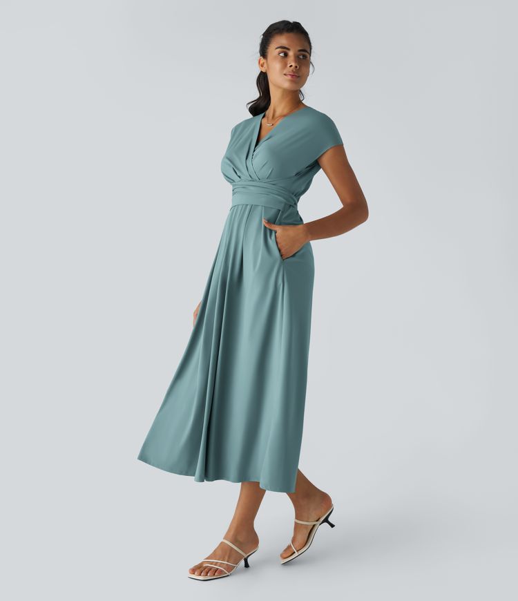 Women's V-Neck Midi Dress – Elastic Waist Flared Fit