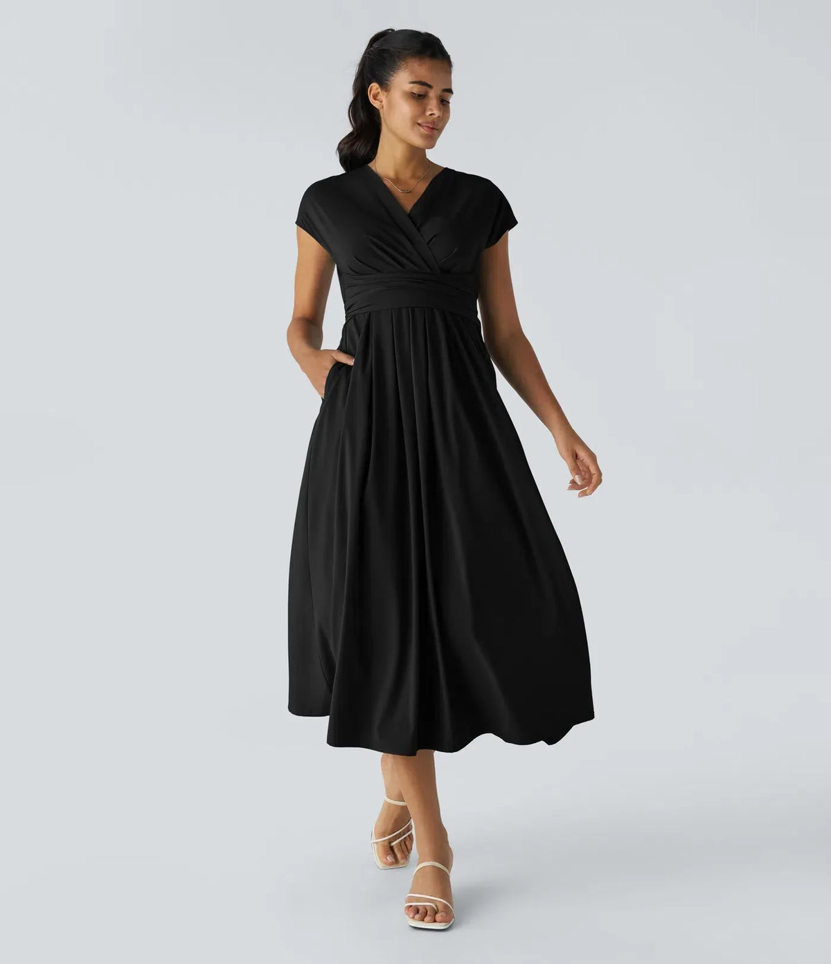 Women's V-Neck Midi Dress – Elastic Waist Flared Fit
