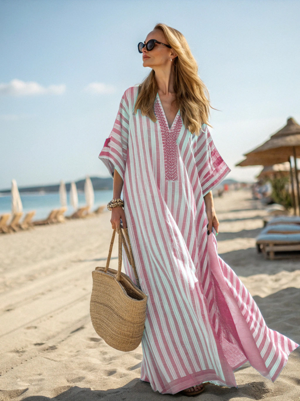 Women's Kaftan Maxi Dress – V-Neck Stripe Trim