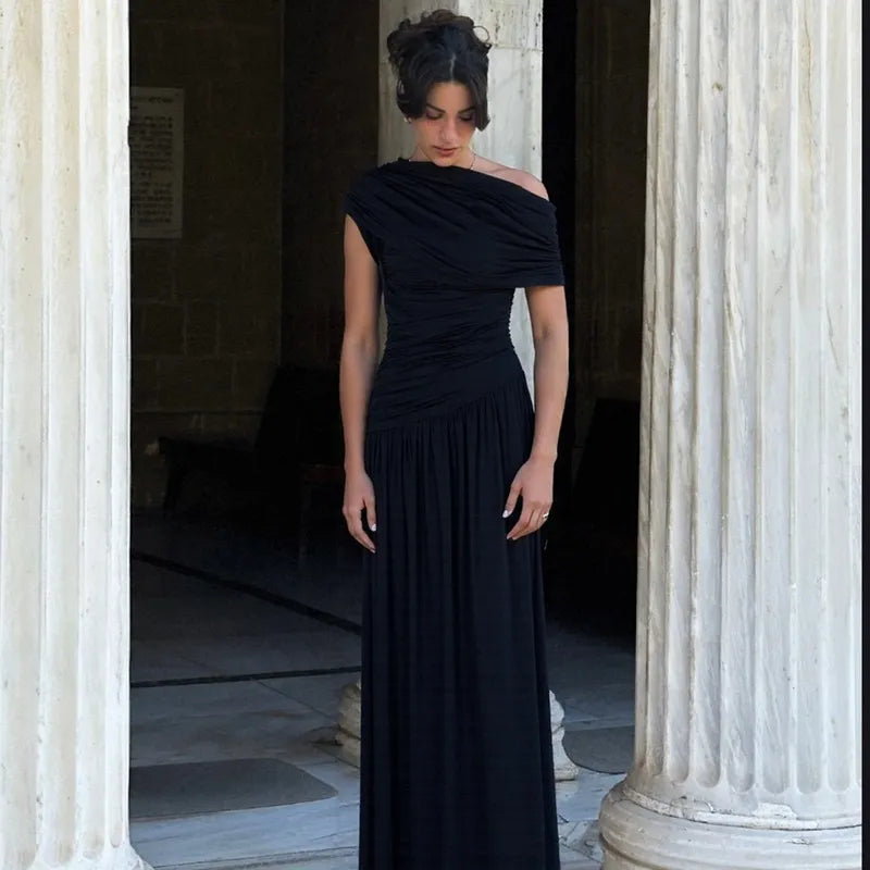 Women's Off-Shoulder Maxi Dress – Ruched Floor-Length Fit