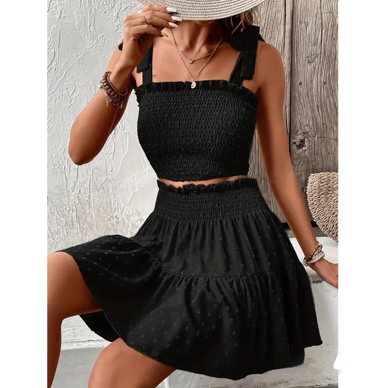 Women's Smocked Top and Mini Skirt Set – Tiered Ruffle Hem
