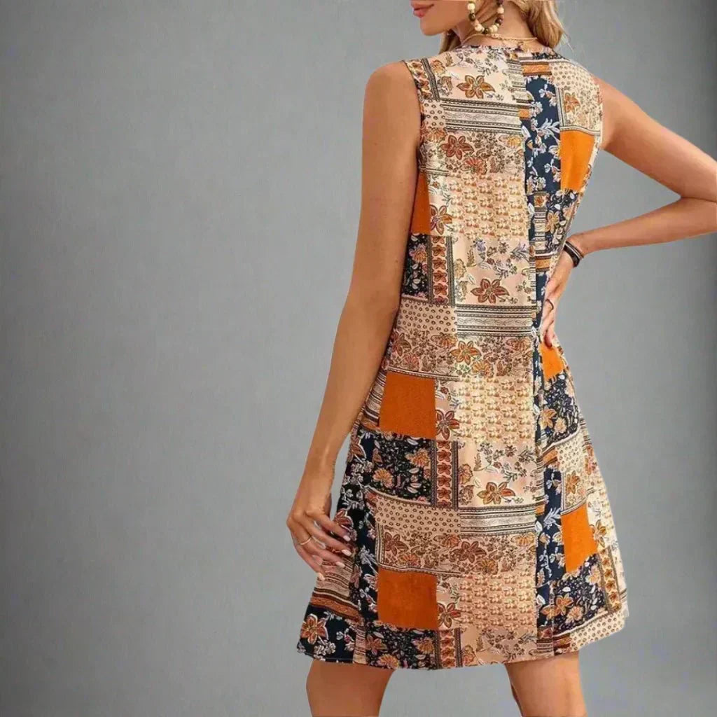 Women's Patchwork Mini Dress – Sleeveless Relaxed Fit
