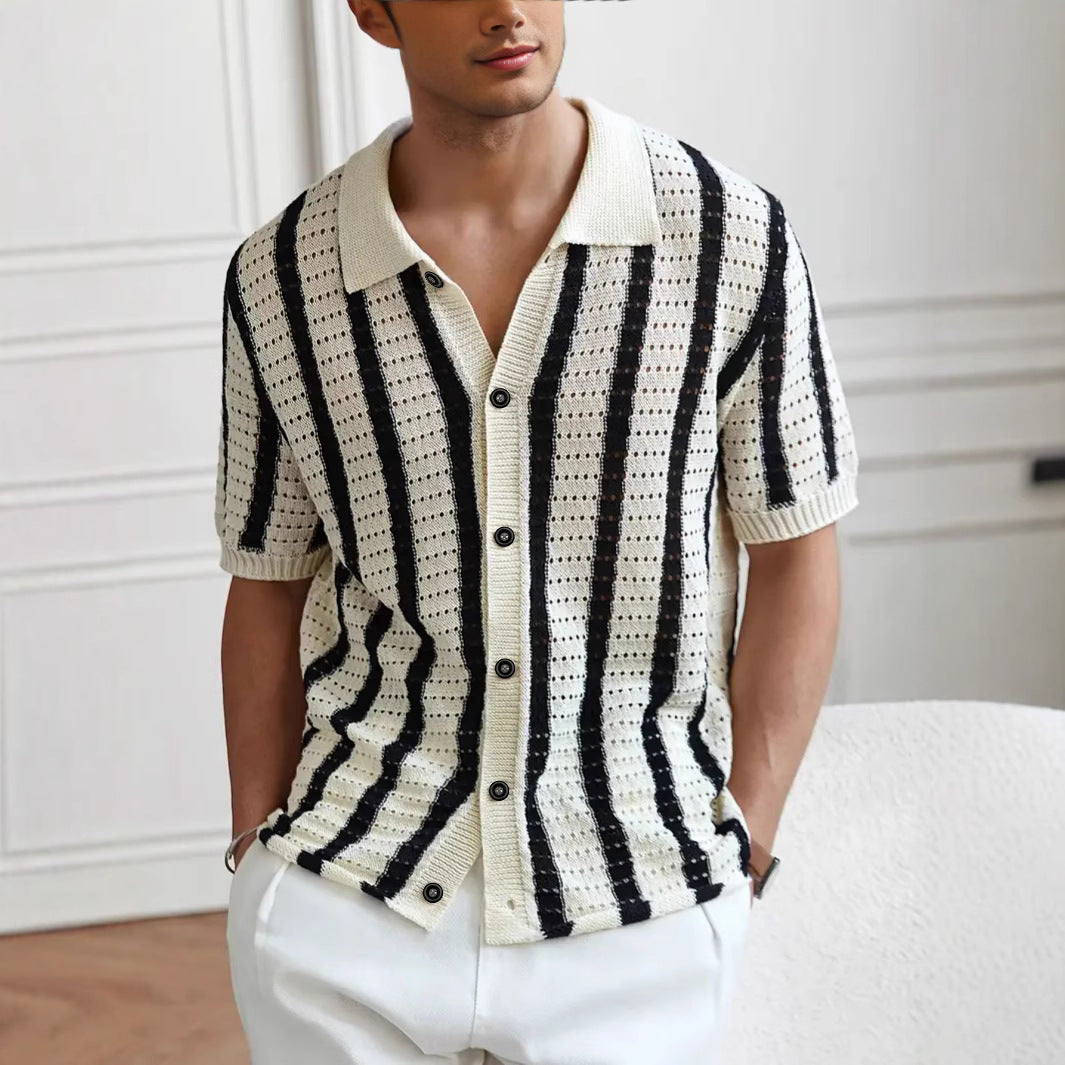 Men's Open-Knit Polo Shirt – Vertical Stripe Short Sleeve