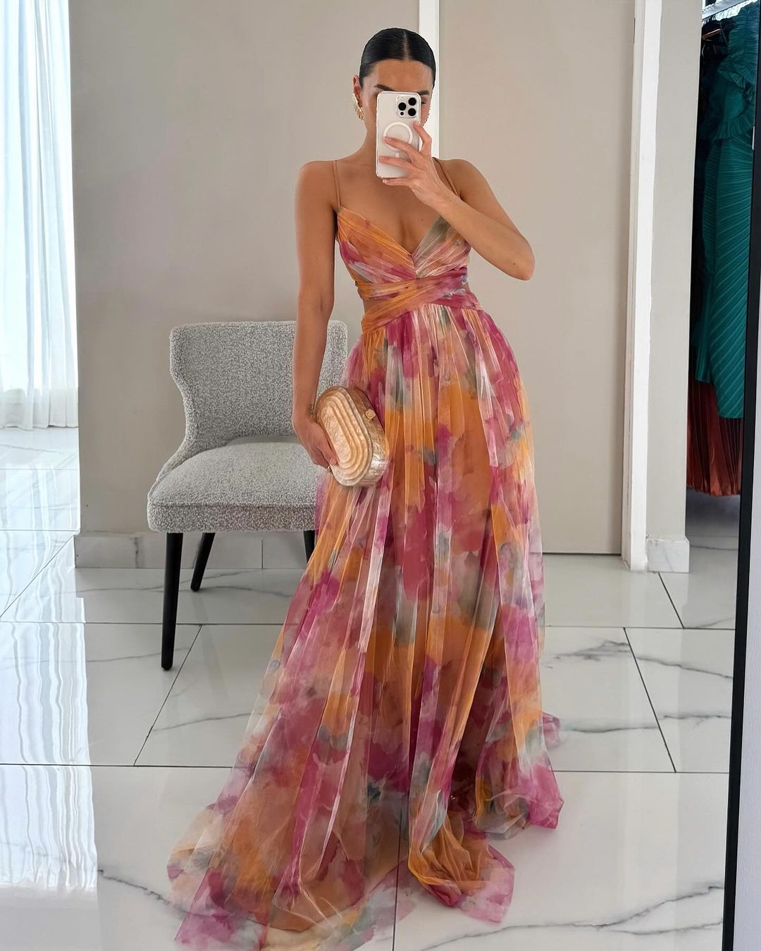 Women's Floral Mesh Maxi Dress – Fitted Bodice Tiered Skirt