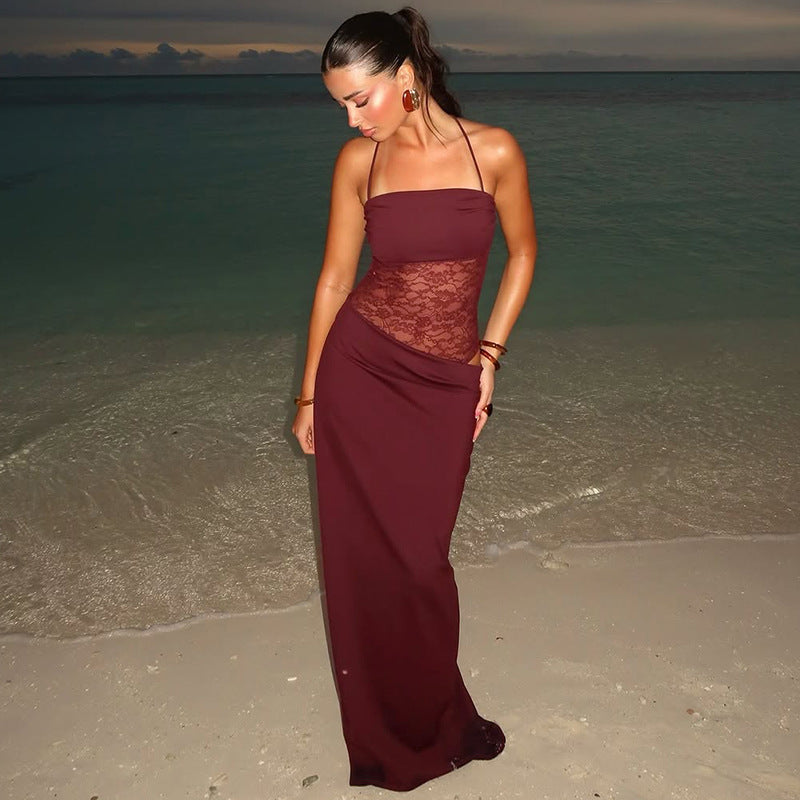 Women's Lace-Paneled Maxi Dress – Sleeveless Fitted Flare