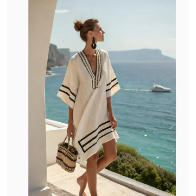 Women's Cotton Kaftan Dress – V-Neck Striped Trim