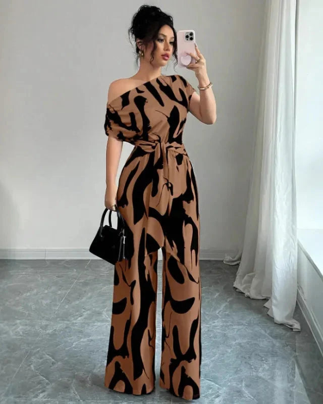 Women's One-Shoulder Jumpsuit – Wide-Leg Abstract Print