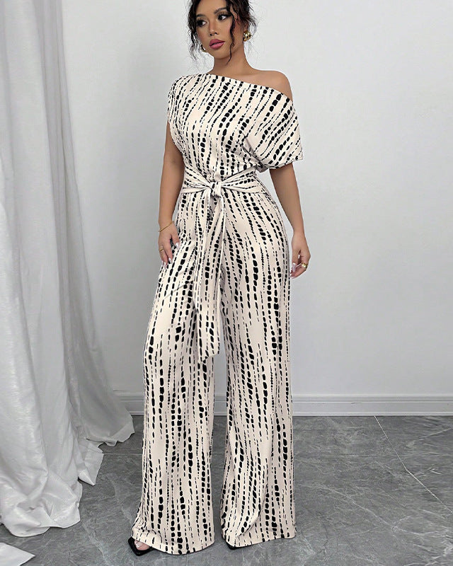 Women's One-Shoulder Jumpsuit – Wide-Leg Abstract Print