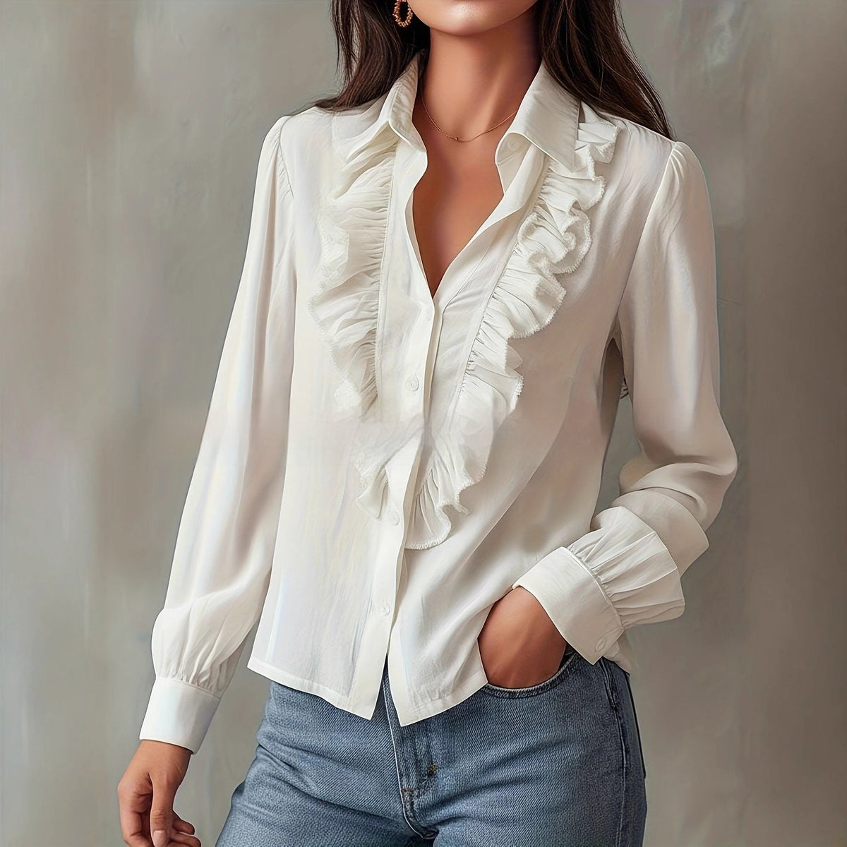 Women's Ruffle Front Button-Up Shirt – Point Collar