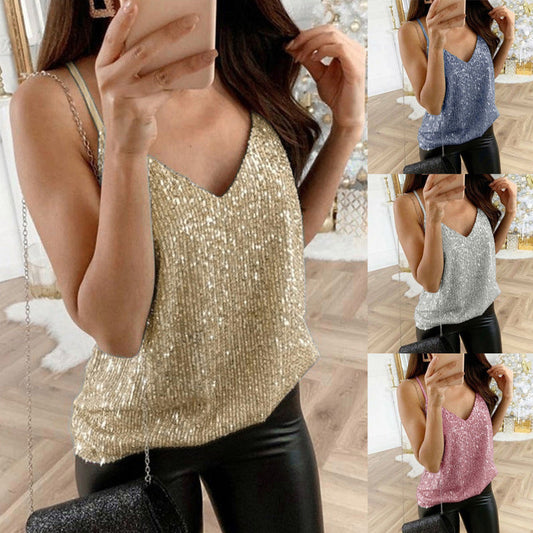 Women's Sequin V-Neck Top – Sleeveless Relaxed Fit