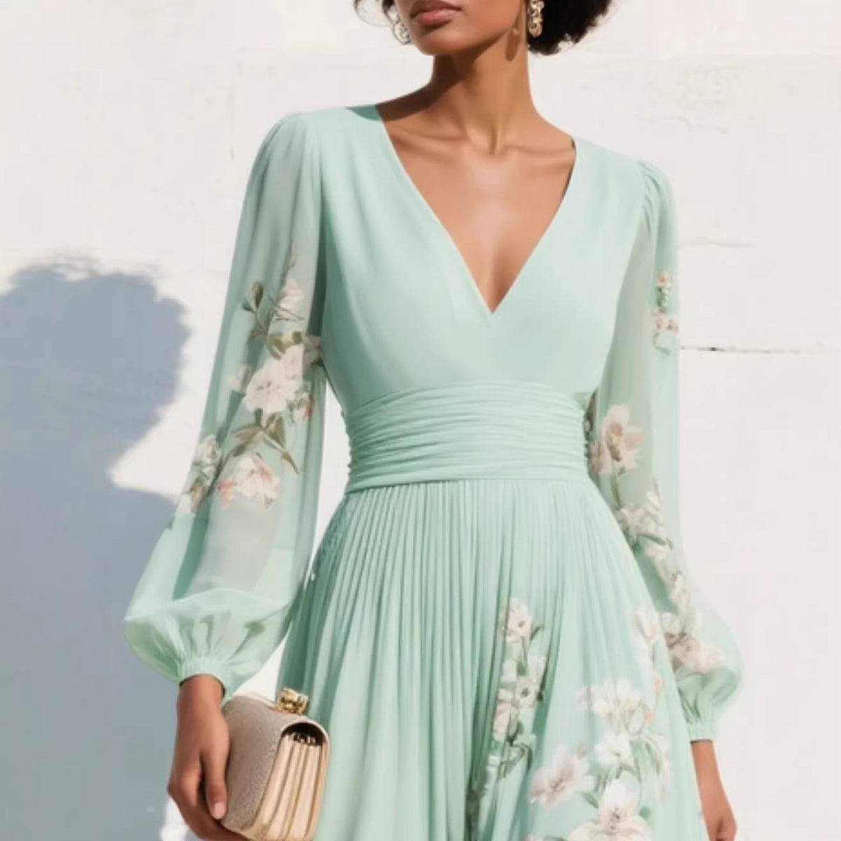 Women's Pleated Chiffon Maxi Dress – Long Sleeve Flared