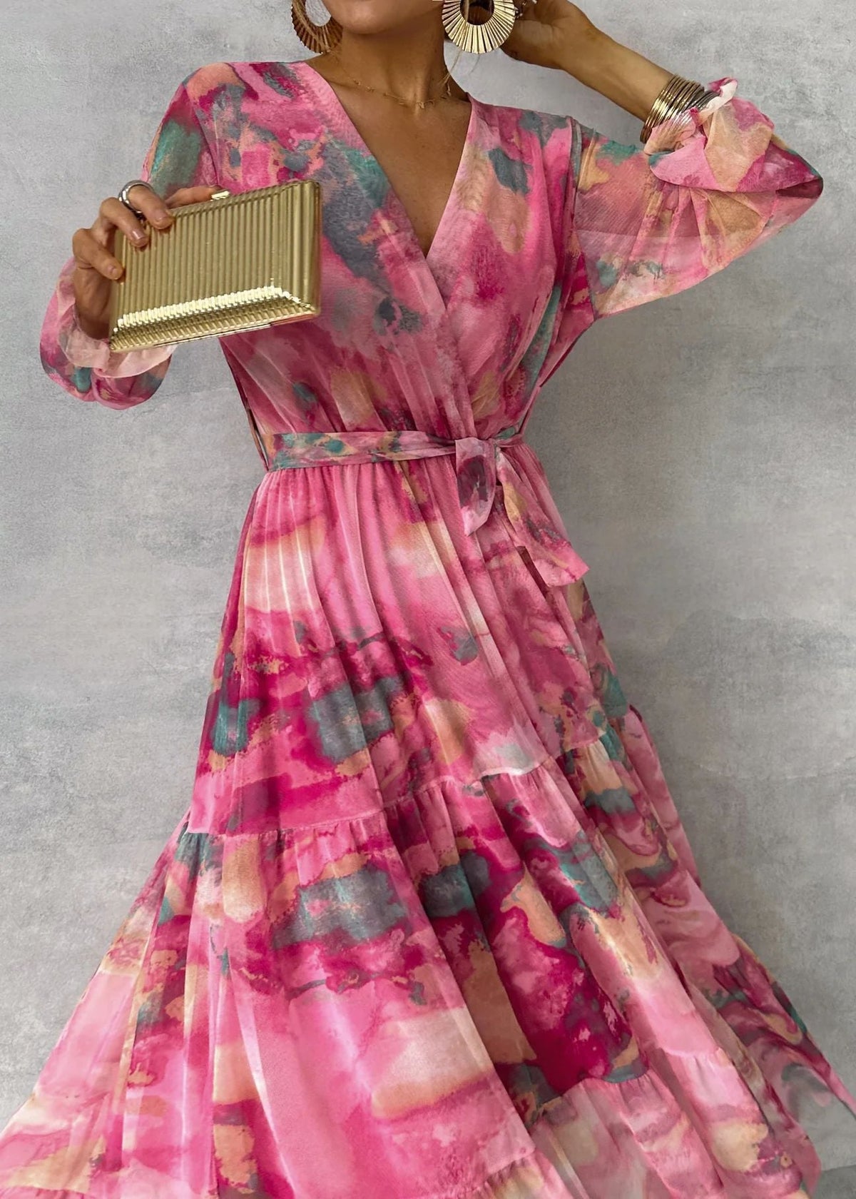 Women's Wrap Maxi Dress – Tiered Watercolor Floral