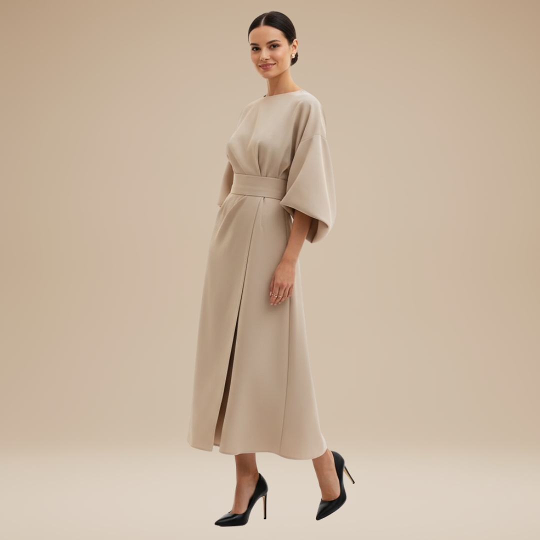 Women's Belted Wrap Midi Dress – Wide Flowing Sleeves