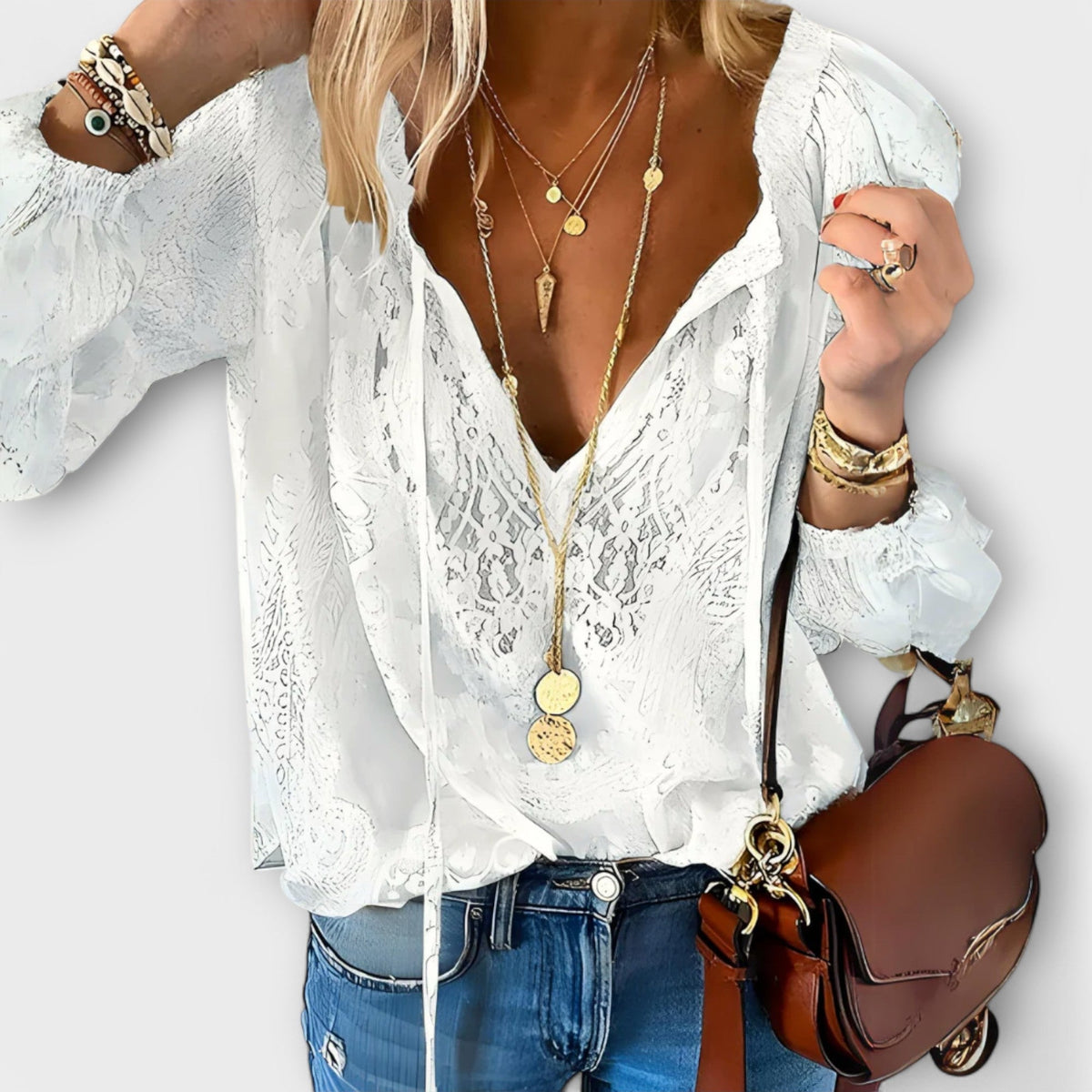 Women's V-Neck Long Sleeve Blouse – Relaxed Textured Boho
