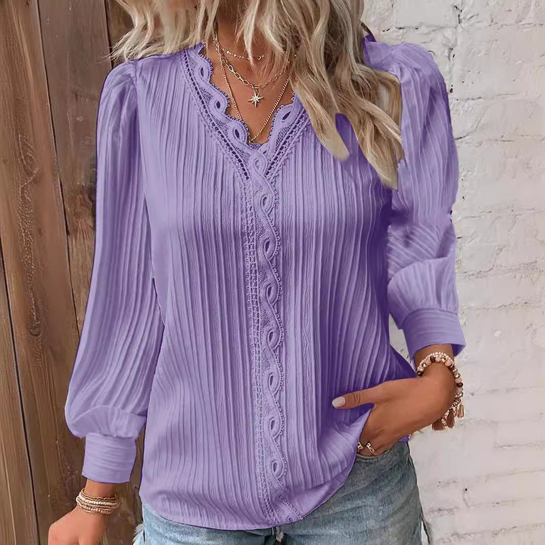 Women's Lace-Trim Blouse – Loose V-Neck Fit