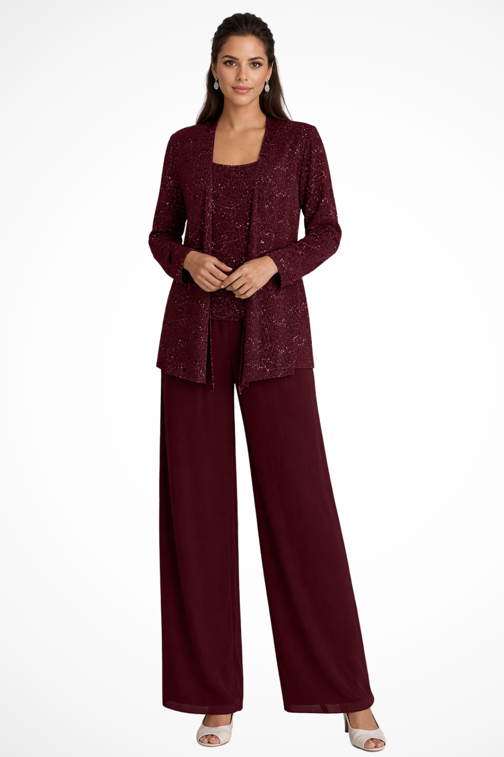 Women's Sequin Lace Suit Set – Three-Piece Wide-Leg