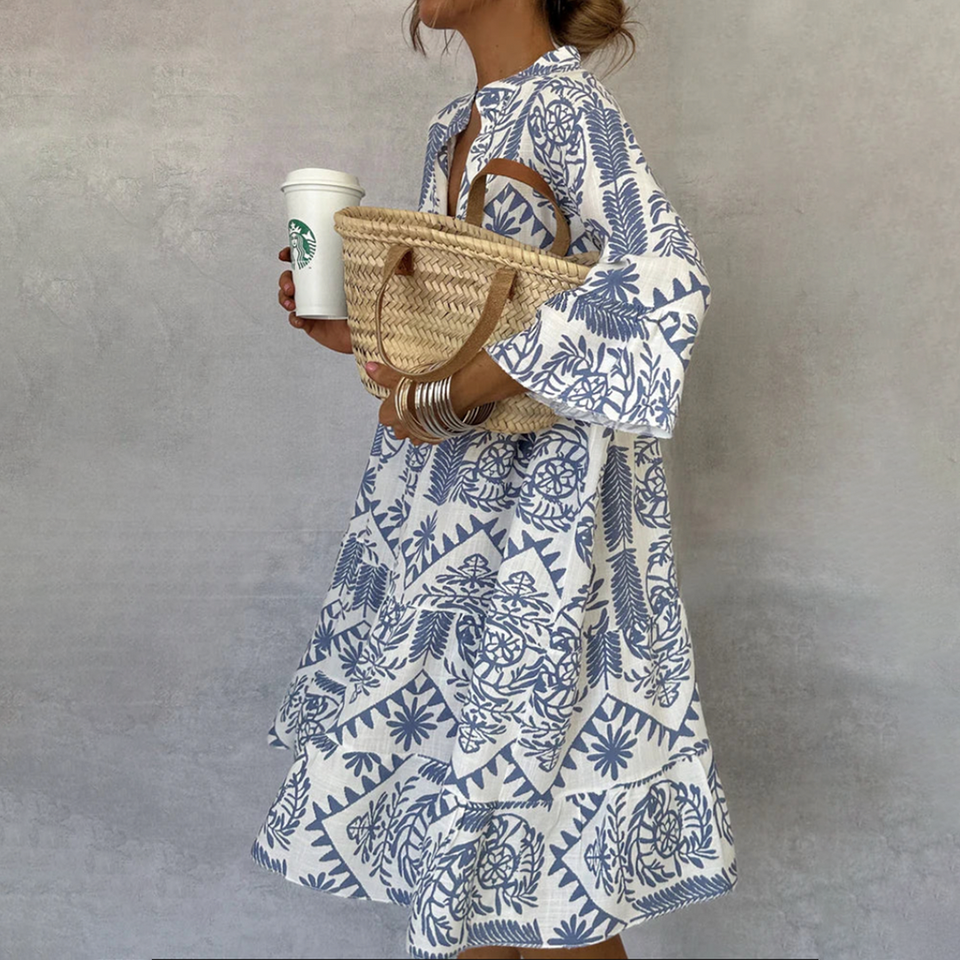 Women's Long Sleeve Mini Dress – Boho Print V-Neck