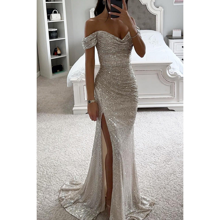 Women's Sequin Maxi Dress – Off-Shoulder High Slit