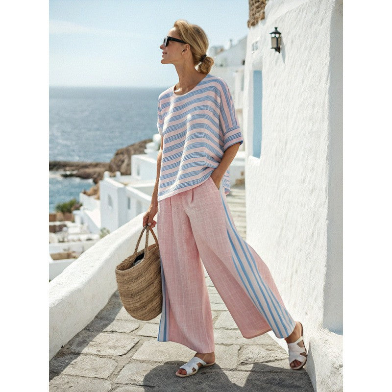 Women's Printed Two-Piece Pant Set – Wide-Leg Woven