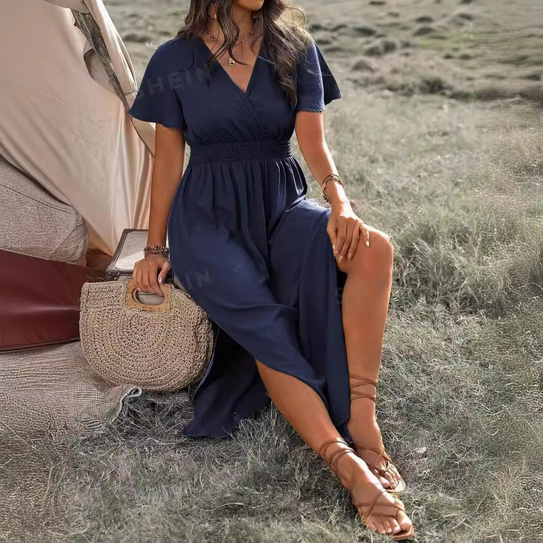 Women's Wrap Midi Dress – V-Neck A-Line Skirt