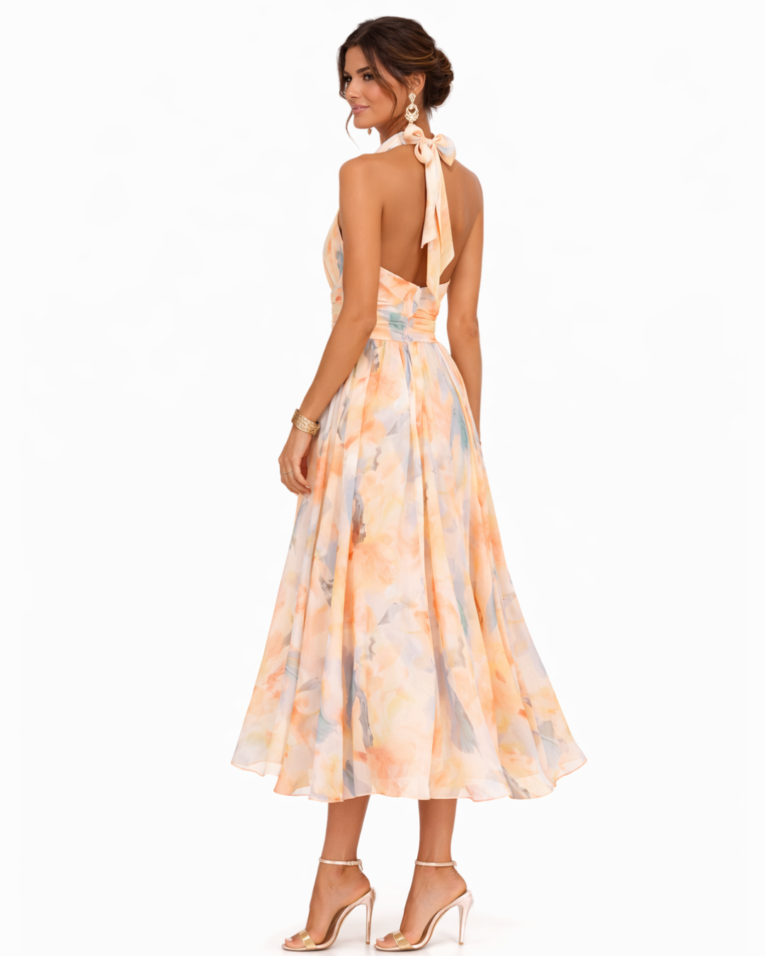 Women's Printed Halterneck Midi Dress – Gathered Tie Neck