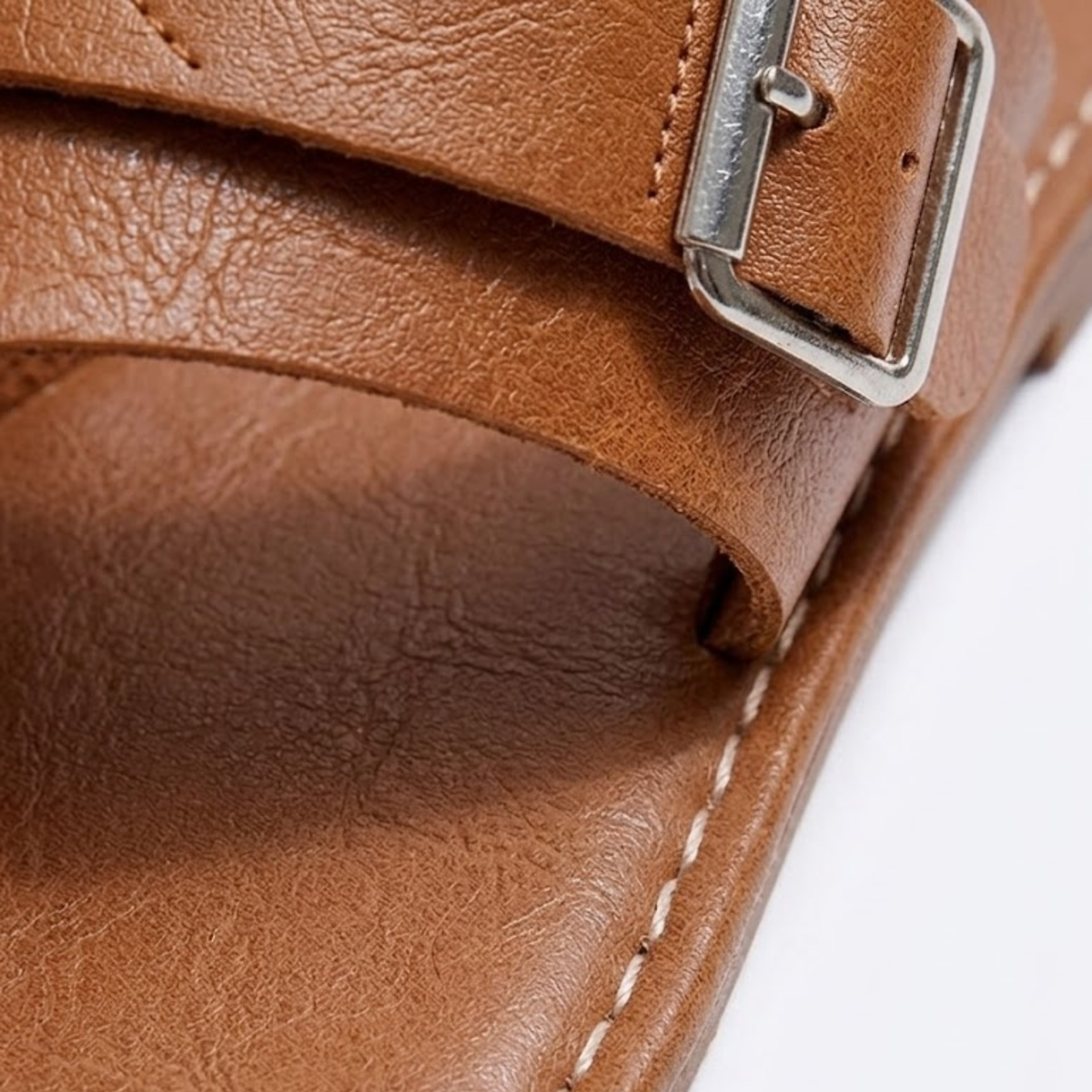 Women's Leather Flat Sandals – Square Toe Buckle Strap