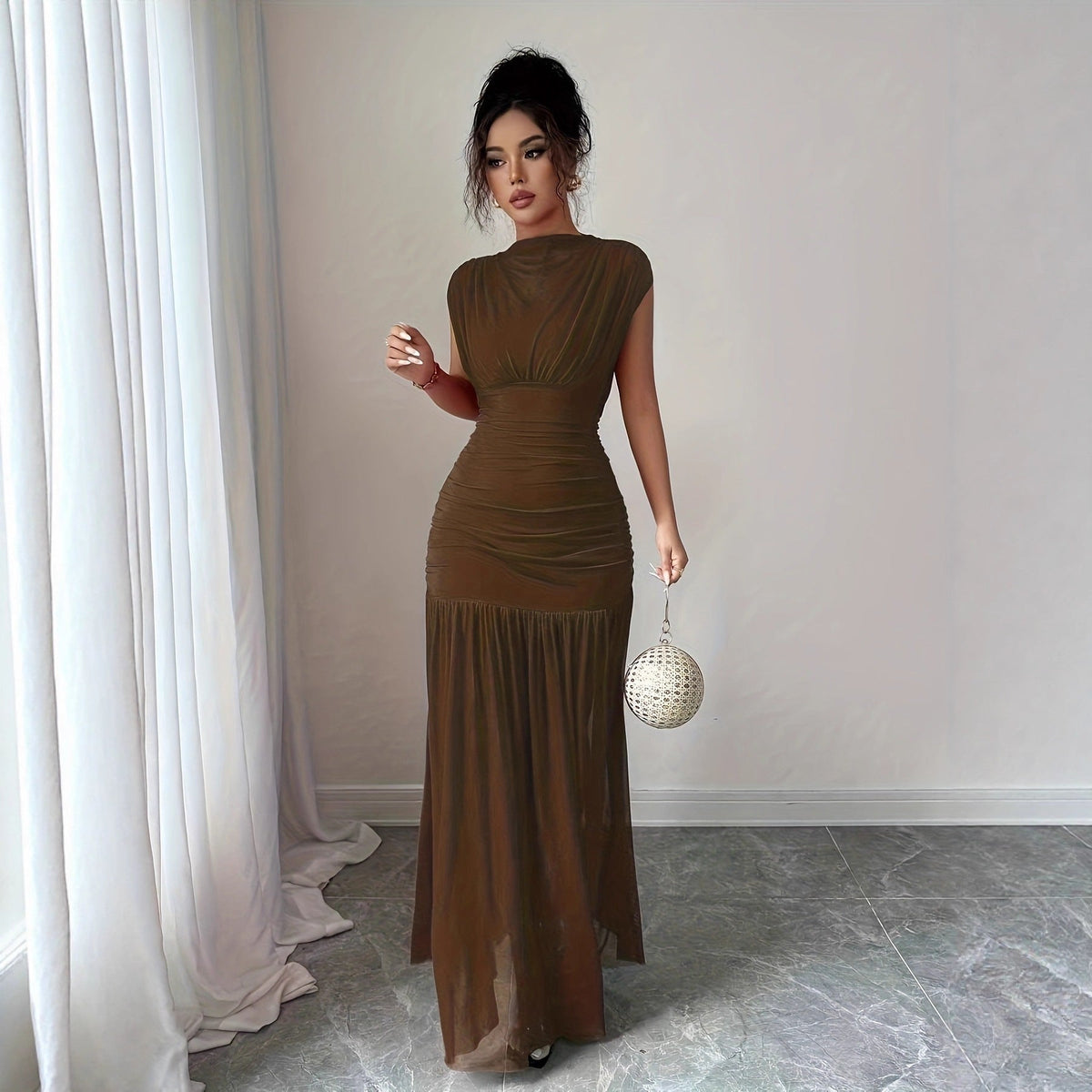 Women's Pleated Mesh Maxi Dress – High Neck Ruched Waist