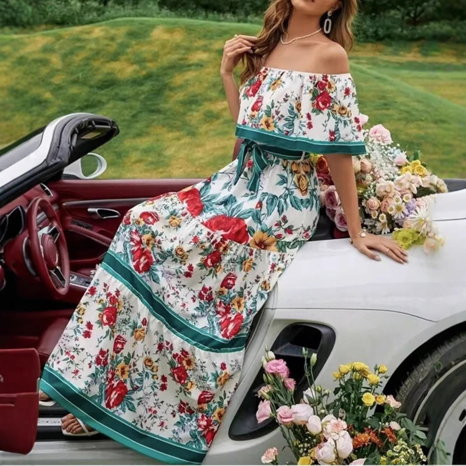 Women's Off-Shoulder Maxi Dress – Belted Flared Hem