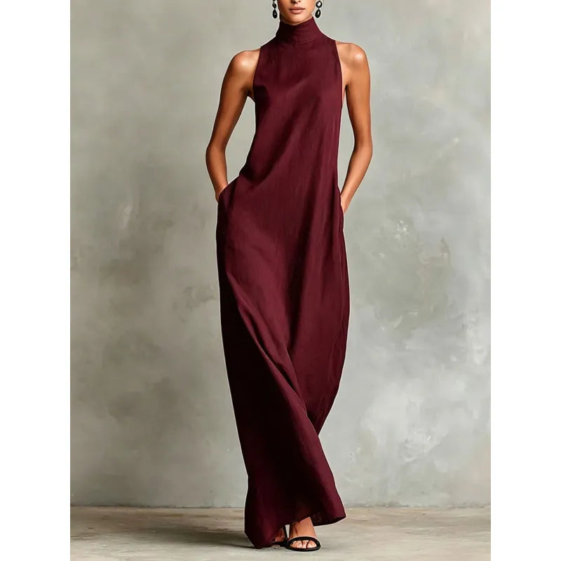 Women's Sleeveless Maxi Dress – Mock Neck with Pockets