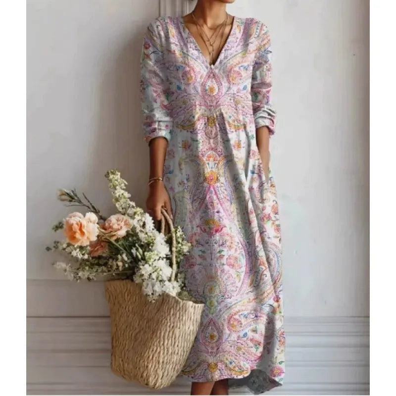 Women's Printed Midi Dress – Mosaic V-Neck Relaxed Fit