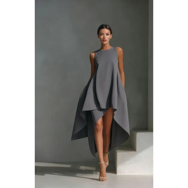 Women's Sleeveless Midi Dress – Asymmetric Flared Hem