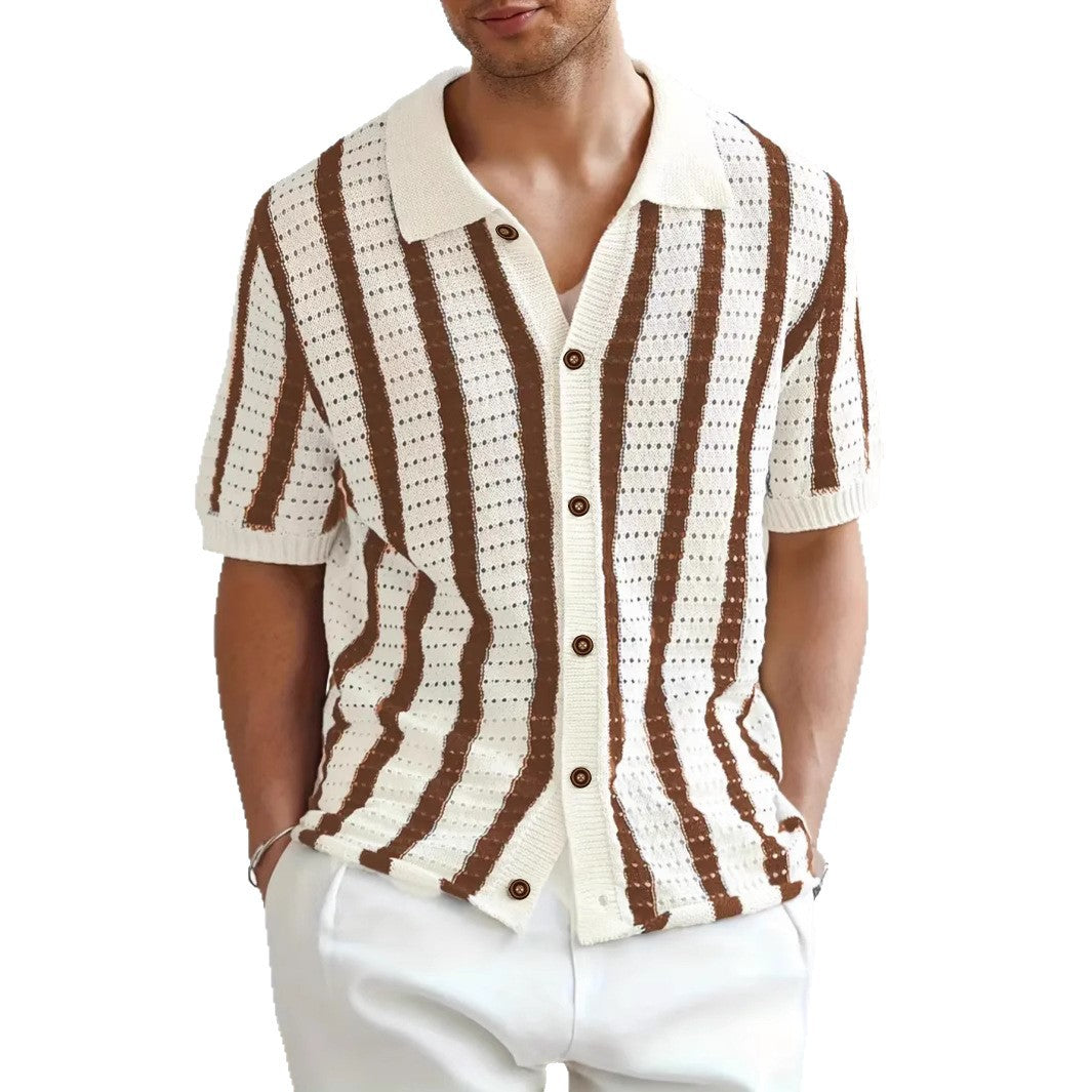 Men's Open-Knit Polo Shirt – Vertical Stripe Short Sleeve