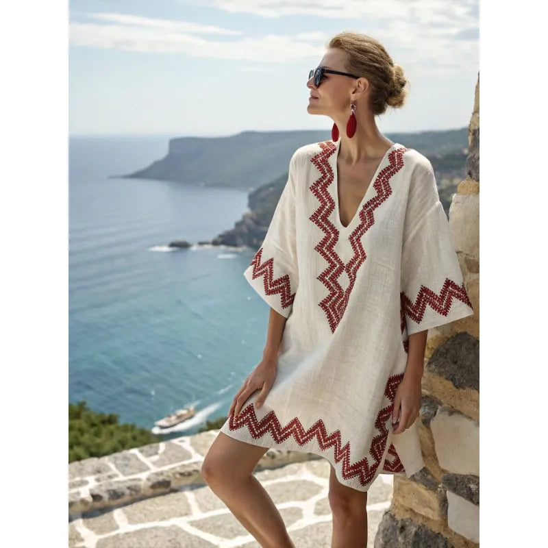 Women's Cotton Kaftan Dress – V-Neck Striped Trim