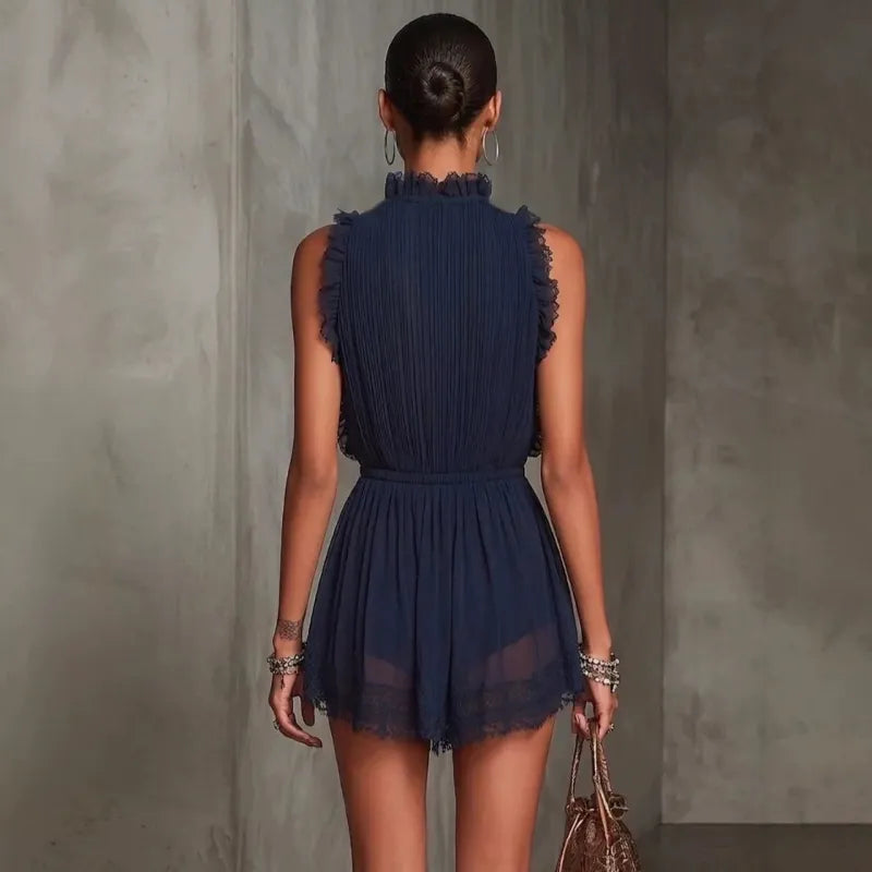 Women's Pleated Mini Dress – V-Neck Lace Trim Romper