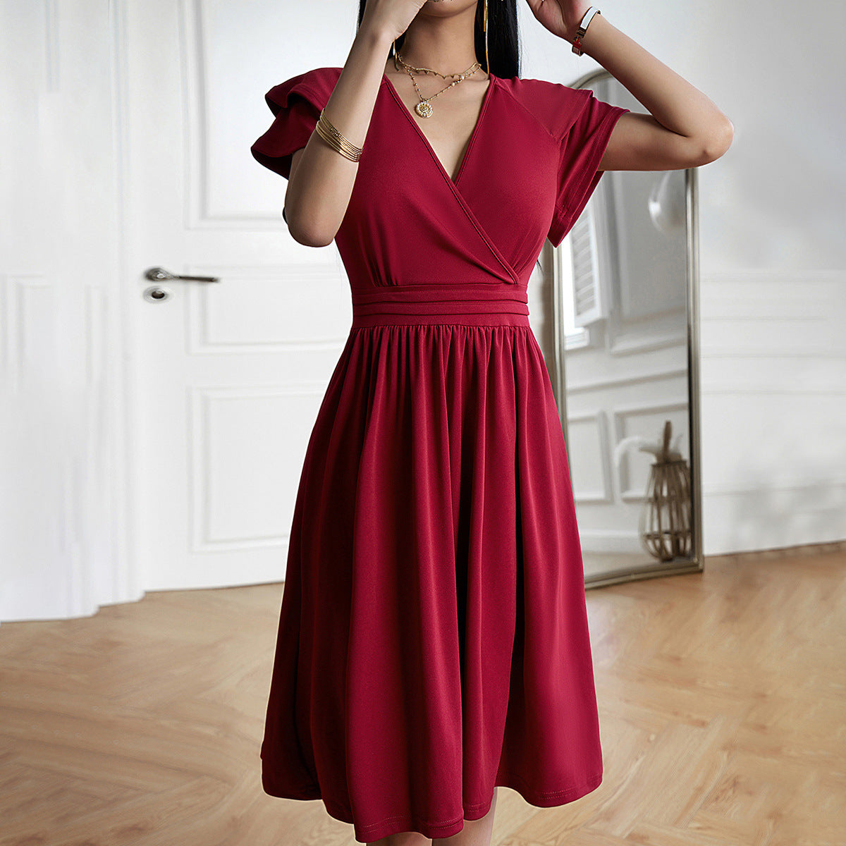 Women's Wrap Midi Dress – Flutter Sleeve Tie Waist