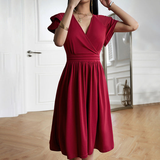 Women's Wrap Midi Dress – Flutter Sleeve Tie Waist