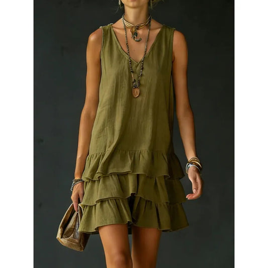 Women's Sleeveless V-Neck Mini Dress – Cotton-Linen Relaxed Fit