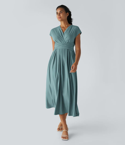 Women's V-Neck Midi Dress – Elastic Waist Flared Fit