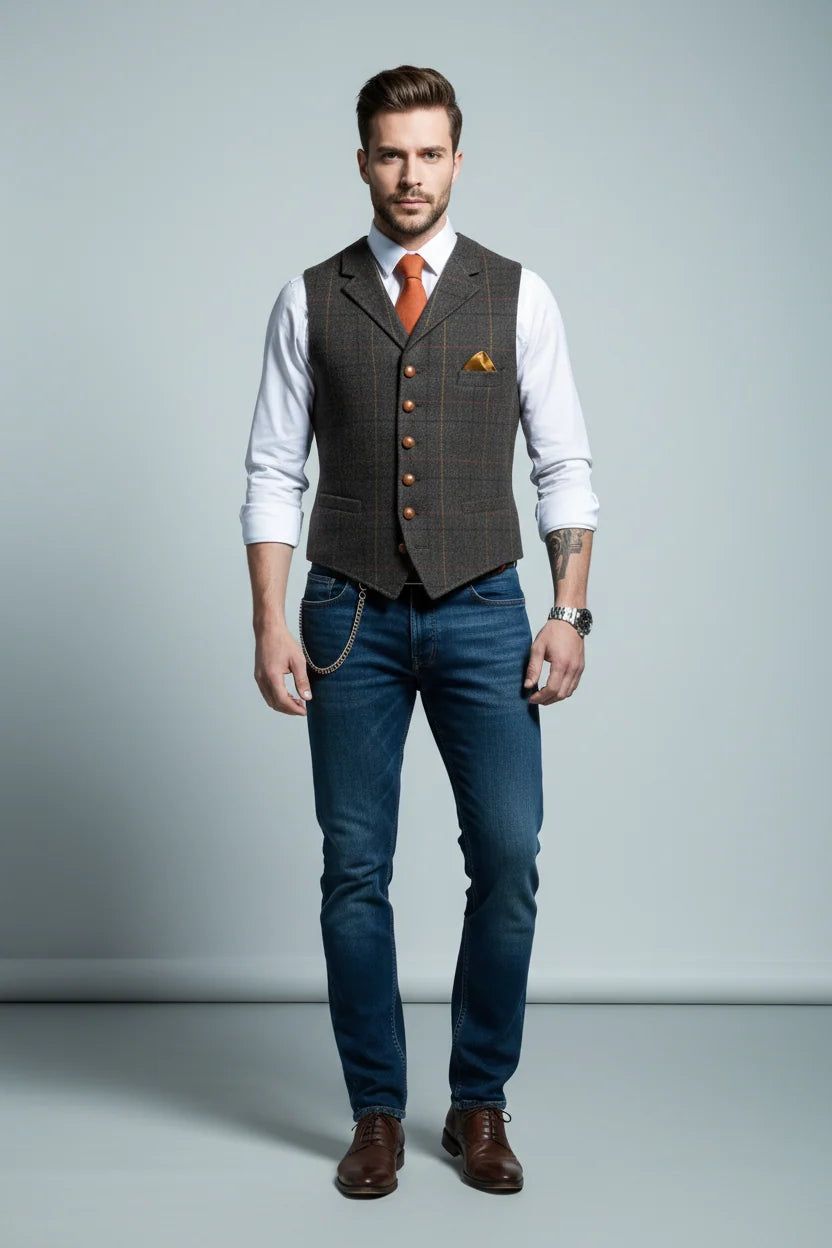 Men's Slim Check Vest – Lapel Collar Detail