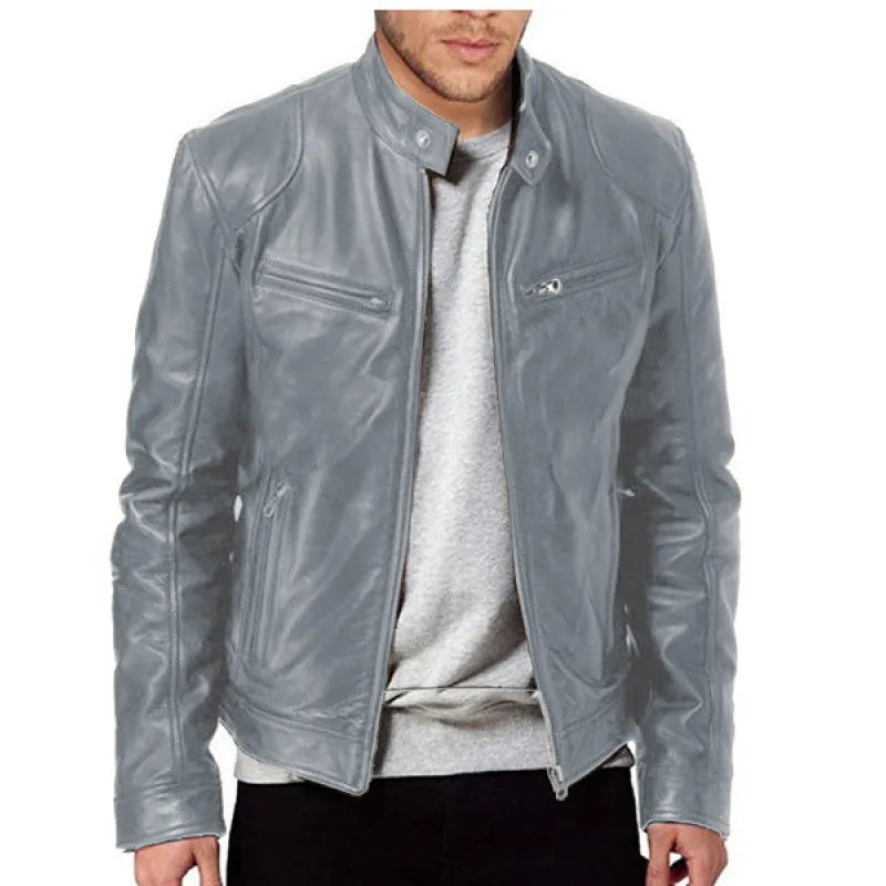Men's Stand Collar Faux Leather Jacket – Slim Zip Front