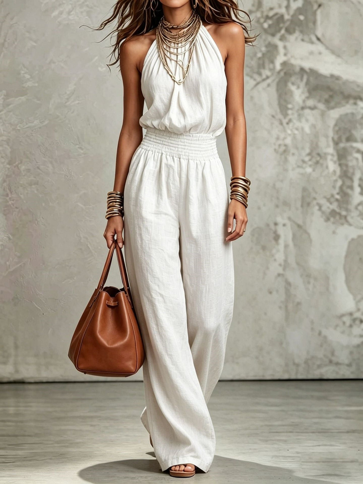 Women's Halter Neck Jumpsuit – Smocked Waist Wide Leg
