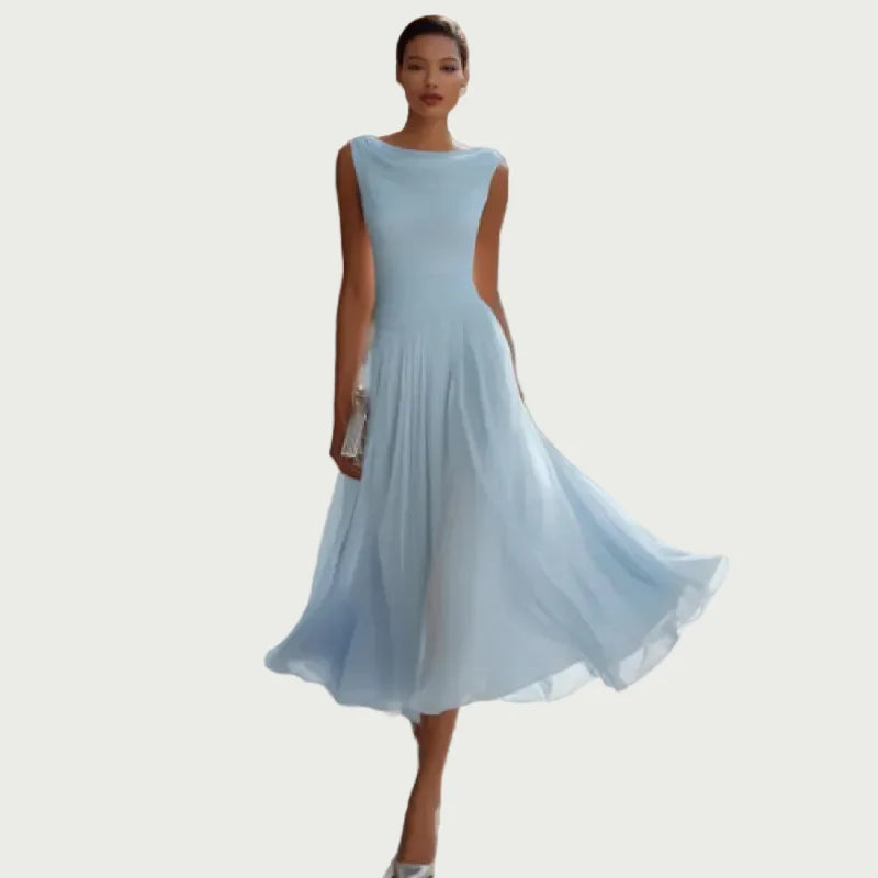 Women's Chiffon Midi Dress – Boat Neck Evening Cut