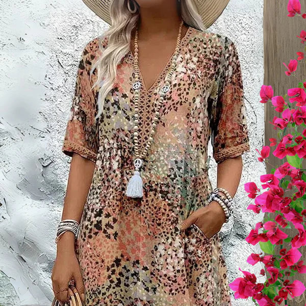 Women's Boho Midi Dress – V-Neck Relaxed Fit