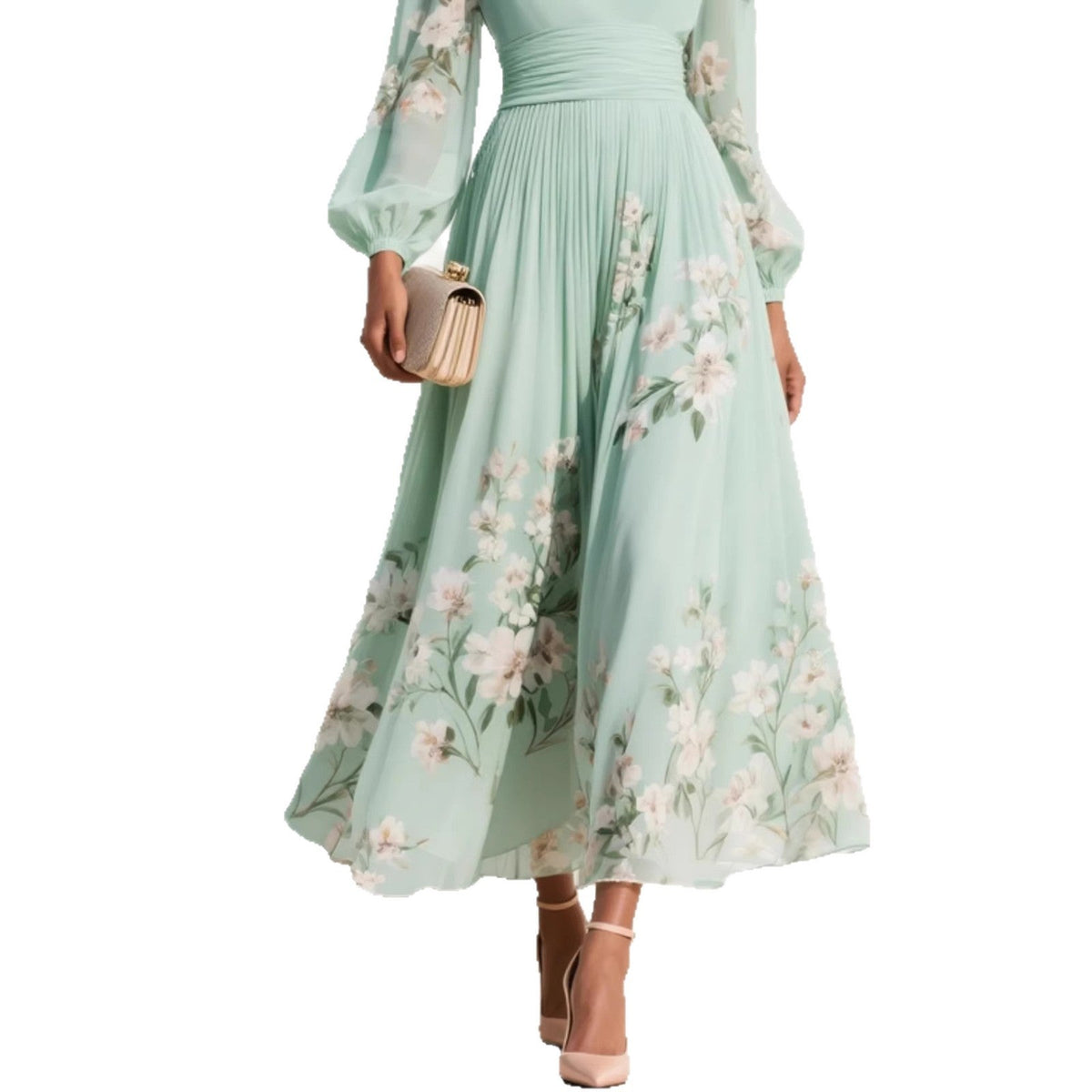 Women's Pleated Chiffon Maxi Dress – Long Sleeve Flared