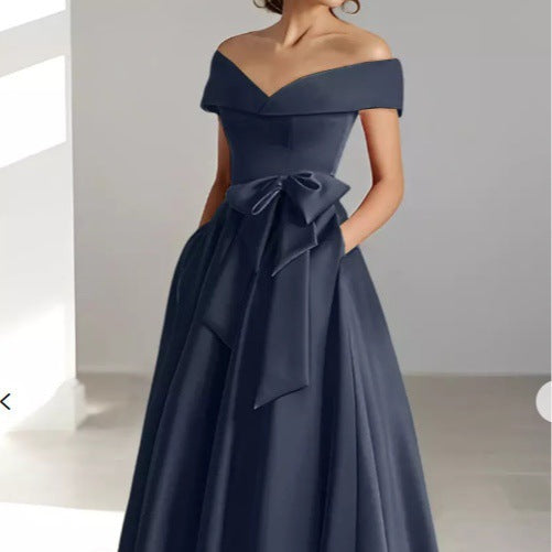 Women's Satin A-Line Dress – Off-Shoulder Ankle Length