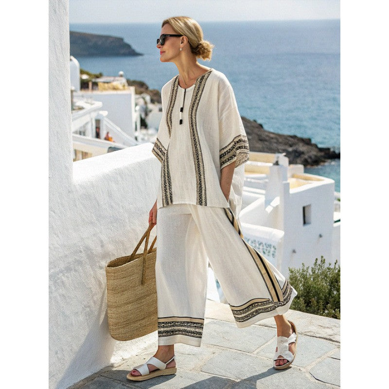 Women's Printed Two-Piece Pant Set – Wide-Leg Woven