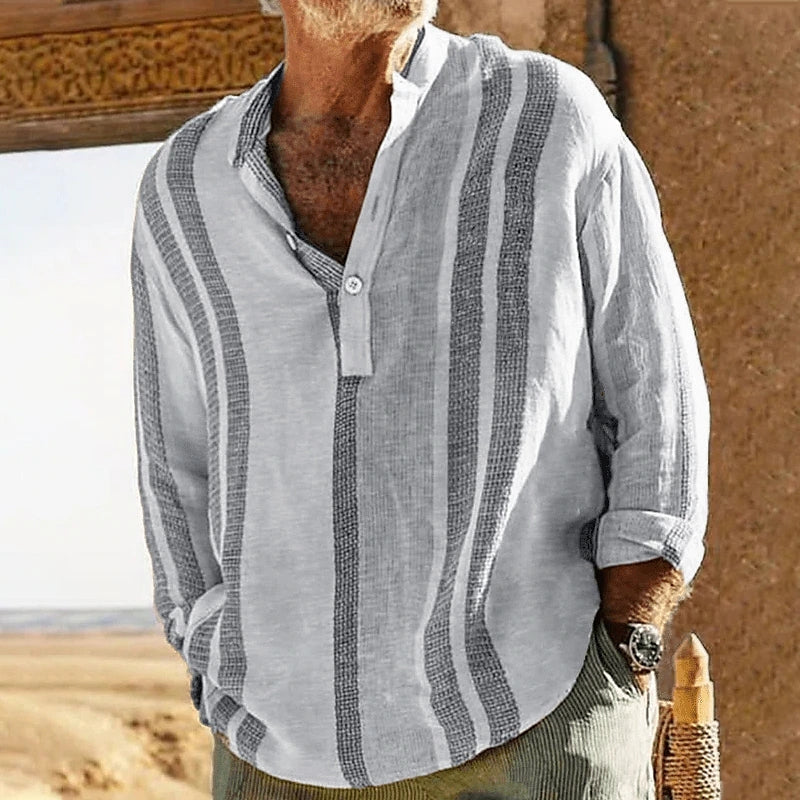 Men's Short Sleeve Shirt – Striped Stand Collar
