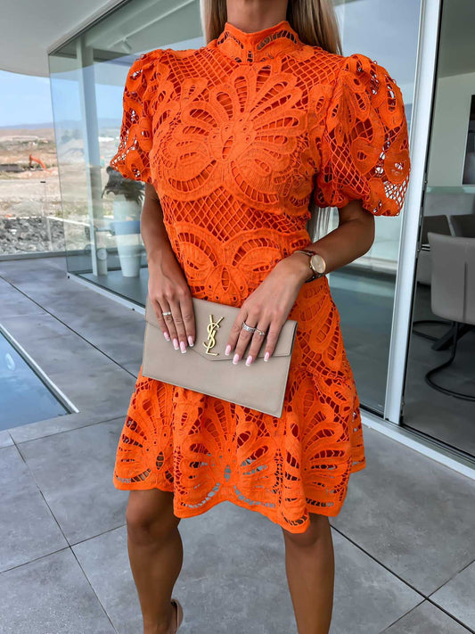 Women's Lace Mini Dress – High Neck Puff Sleeve