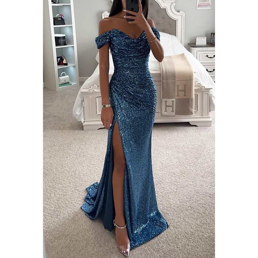 Women's Sequin Maxi Dress – Off-Shoulder High Slit