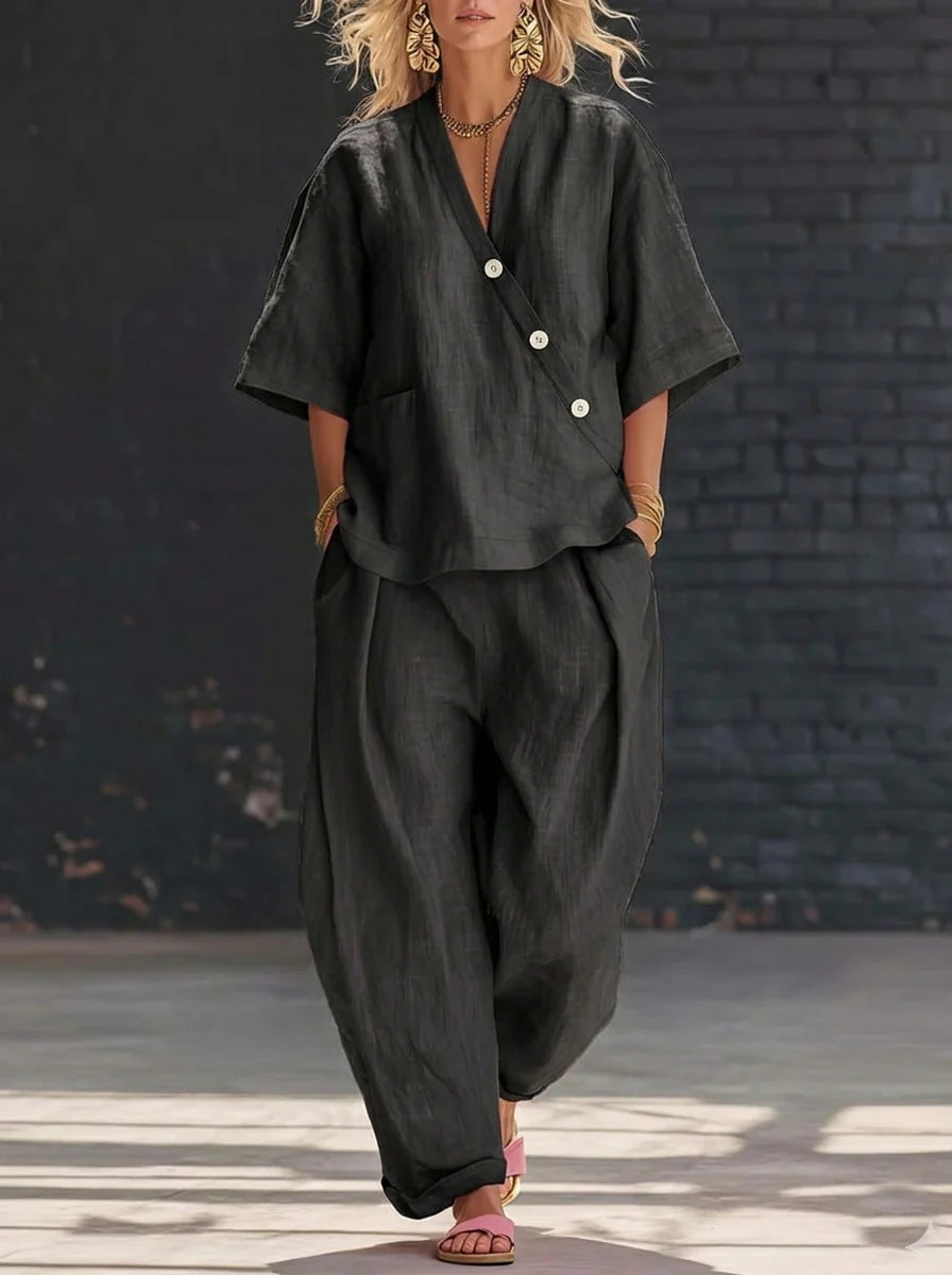 Women's V-Neck Top and Wide-Leg Pants Set – Relaxed Two-Piece